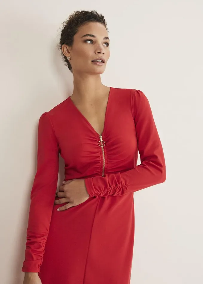 Phase Eight Irisa Zip Ruched Midi Dress Red Women Dresses