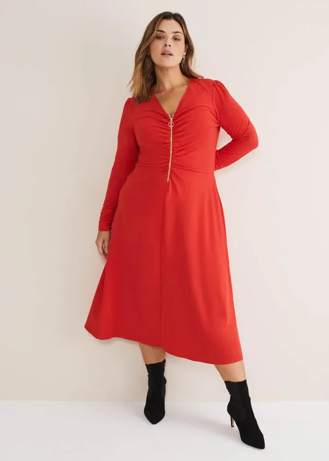 Phase Eight Irisa Zip Ruched Midi Dress Red Women Dresses