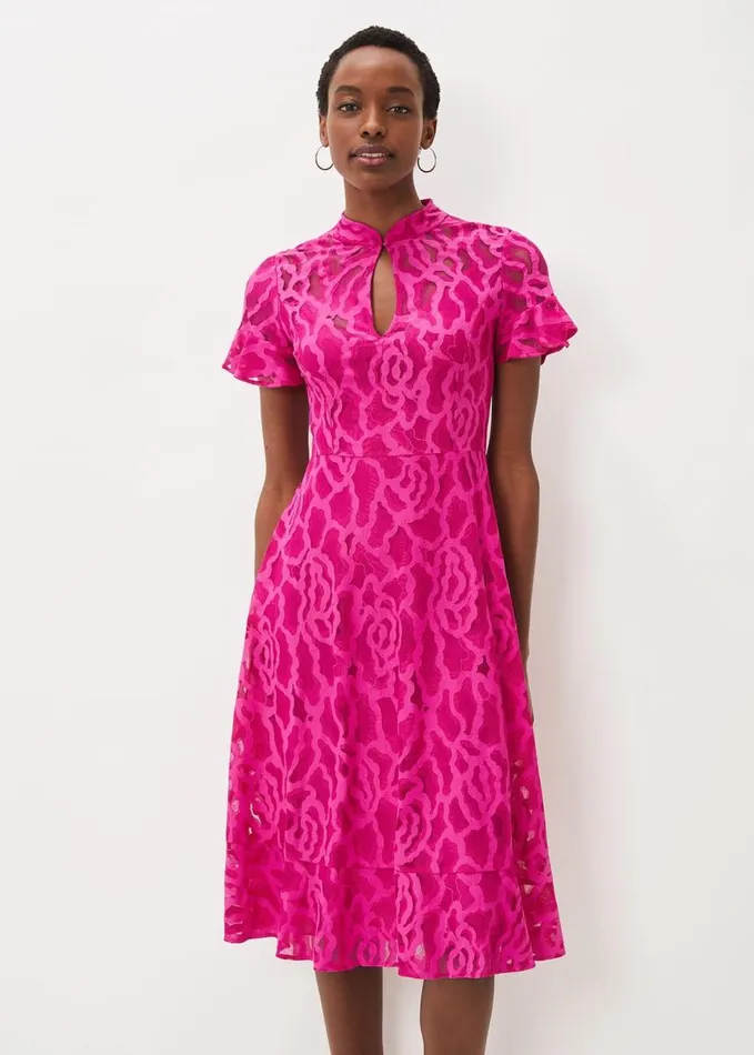 Phase Eight Lulu Lace Midi Dress Magenta Pink Women Dresses