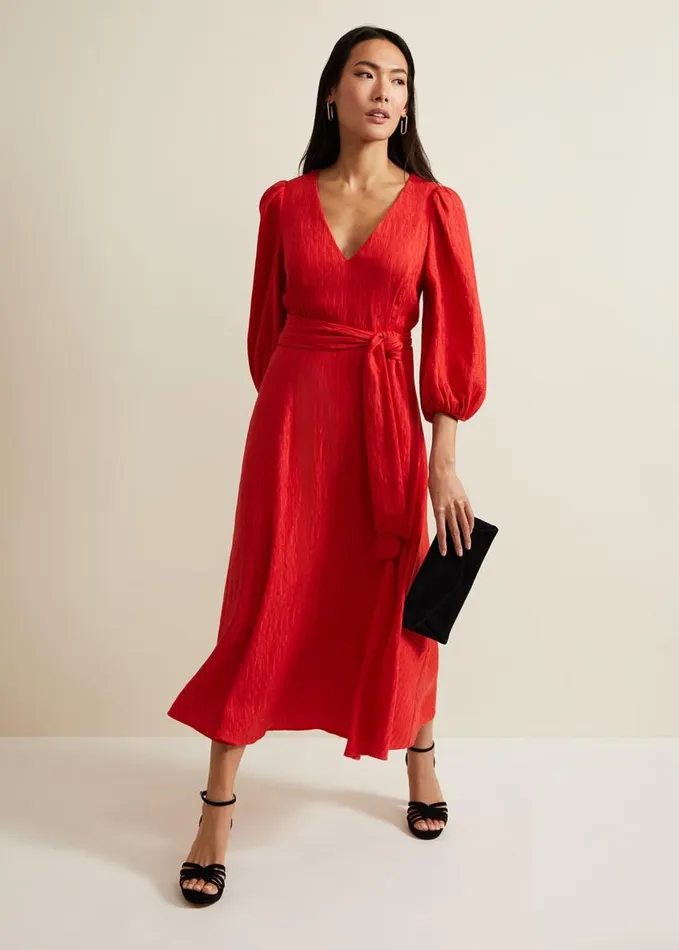 Phase Eight Marilyn Puff Sleeve Midi Dress Orange Women Dresses