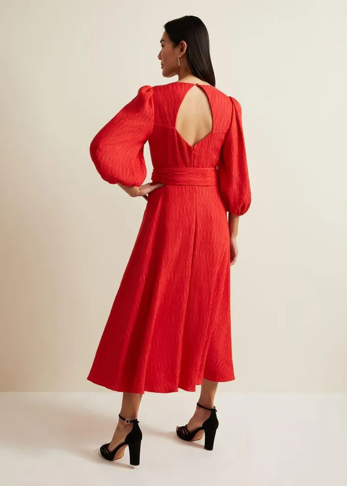Phase Eight Marilyn Puff Sleeve Midi Dress Orange Women Dresses