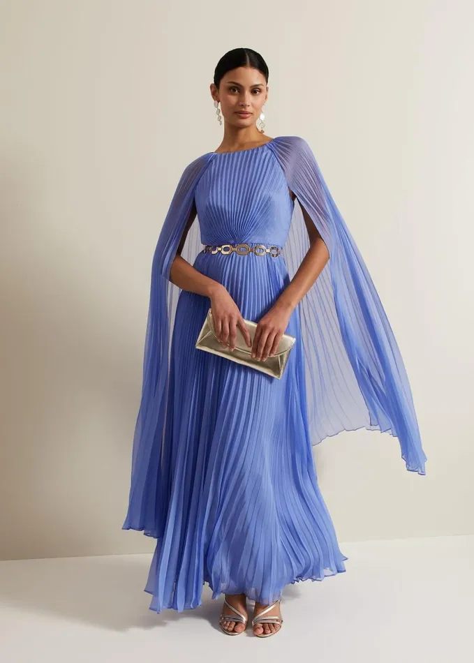 Phase Eight Marren Blue Chiffon Pleated Maxi Dress Blue Women Dresses