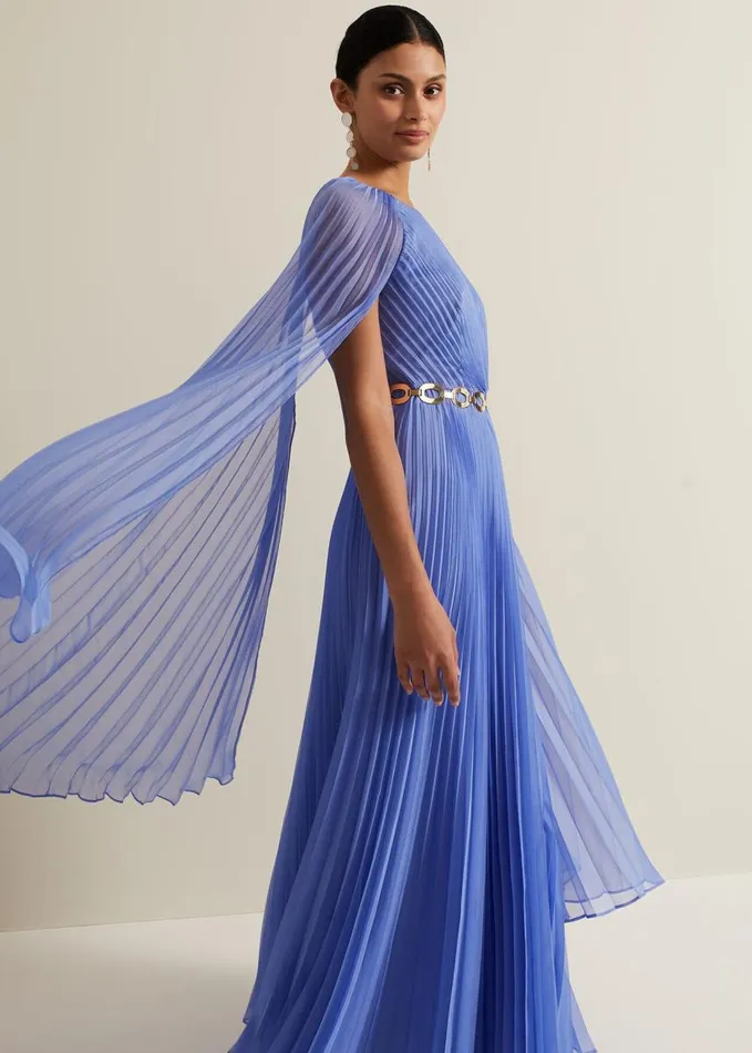 Phase Eight Marren Blue Chiffon Pleated Maxi Dress Blue Women Dresses