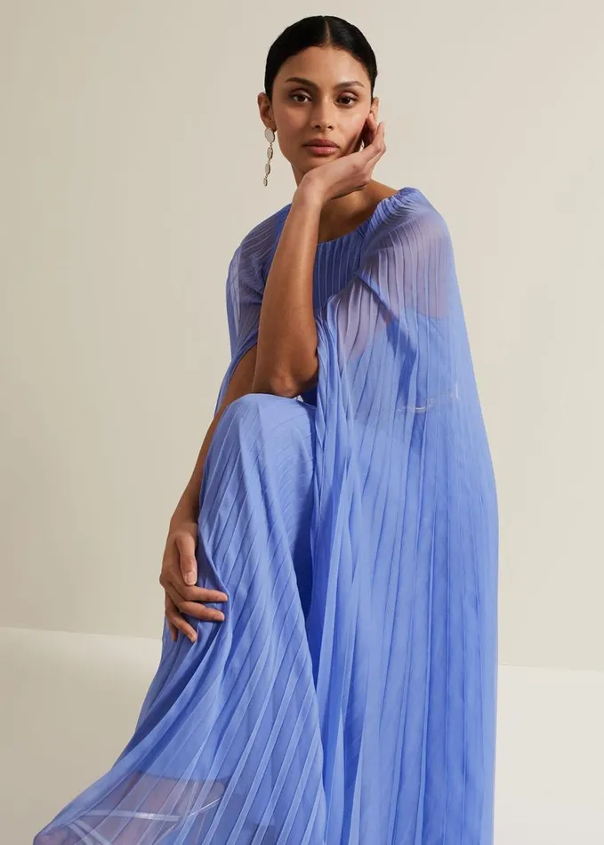 Phase Eight Marren Blue Chiffon Pleated Maxi Dress Blue Women Dresses