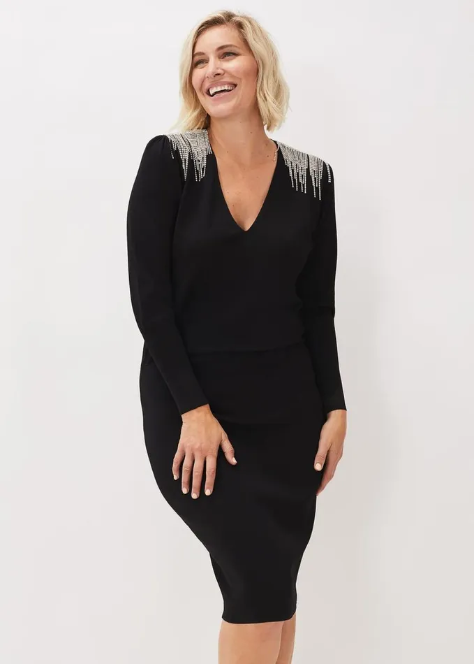 Phase Eight Nieves Embellished Shoulder Dress Black Women Dresses