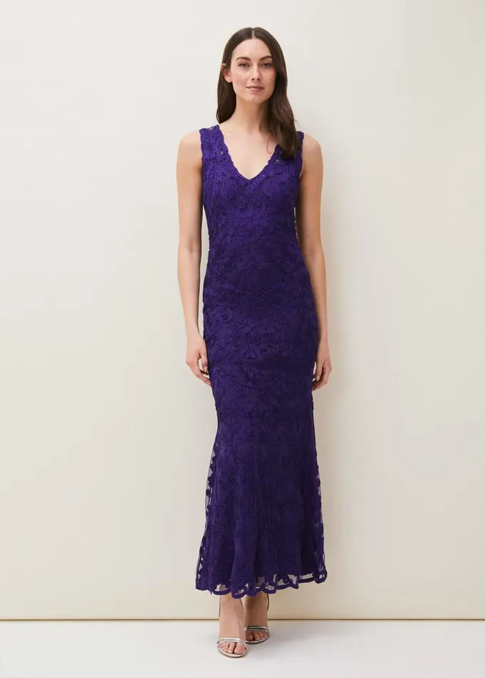 Phase Eight Osanne Tapework Lace Maxi Dress Violet Women Dresses
