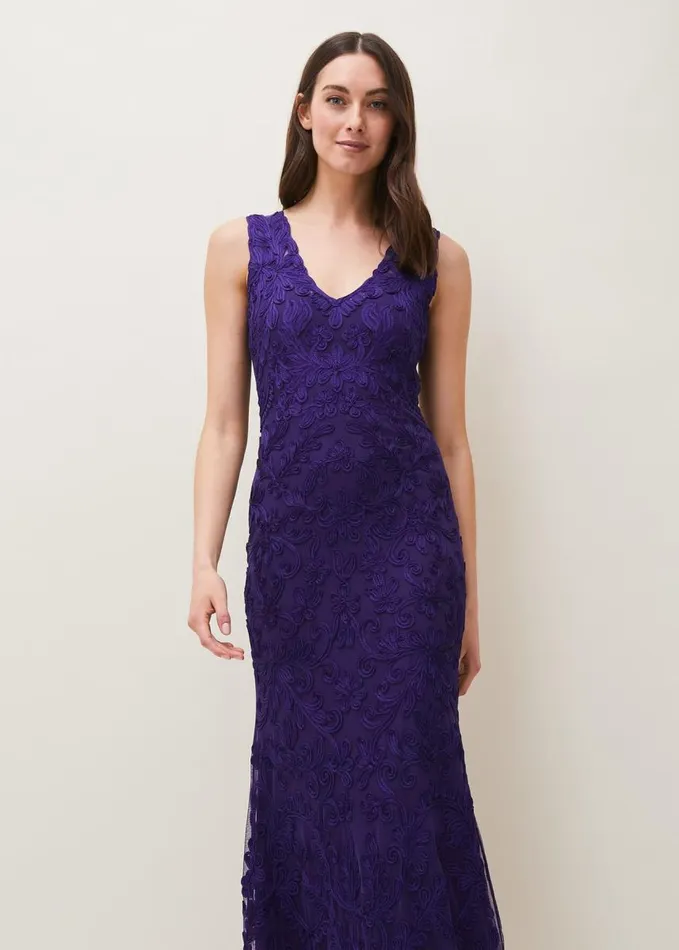 Phase Eight Osanne Tapework Lace Maxi Dress Violet Women Dresses