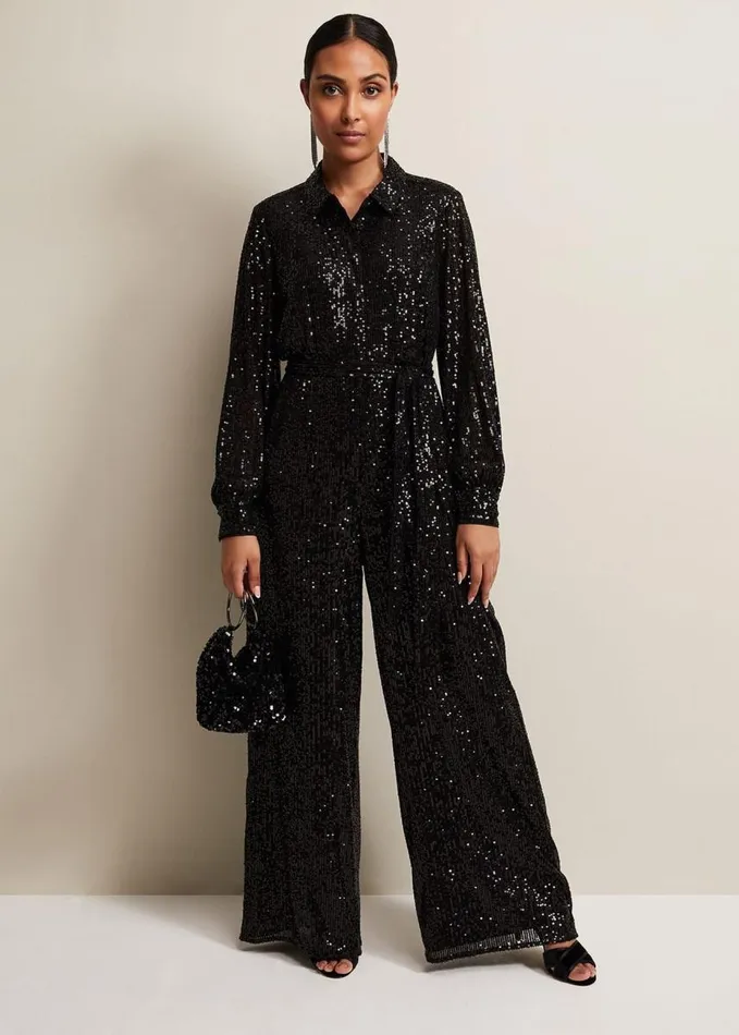 Phase Eight Petite Alessandra Black Sequin Jumpsuit Black Women Dresses
