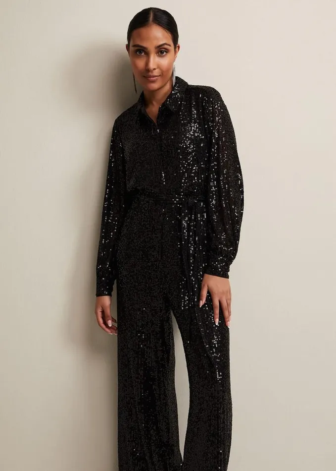Phase Eight Petite Alessandra Black Sequin Jumpsuit Black Women Dresses