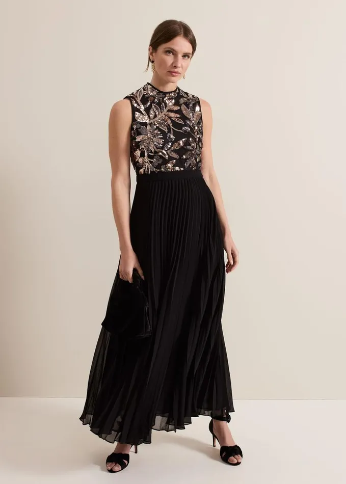 Phase Eight Petite Emalise Sequin Pleat Maxi Dress Black Multi Women Dresses