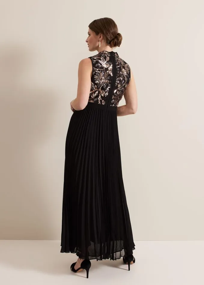 Phase Eight Petite Emalise Sequin Pleat Maxi Dress Black Multi Women Dresses