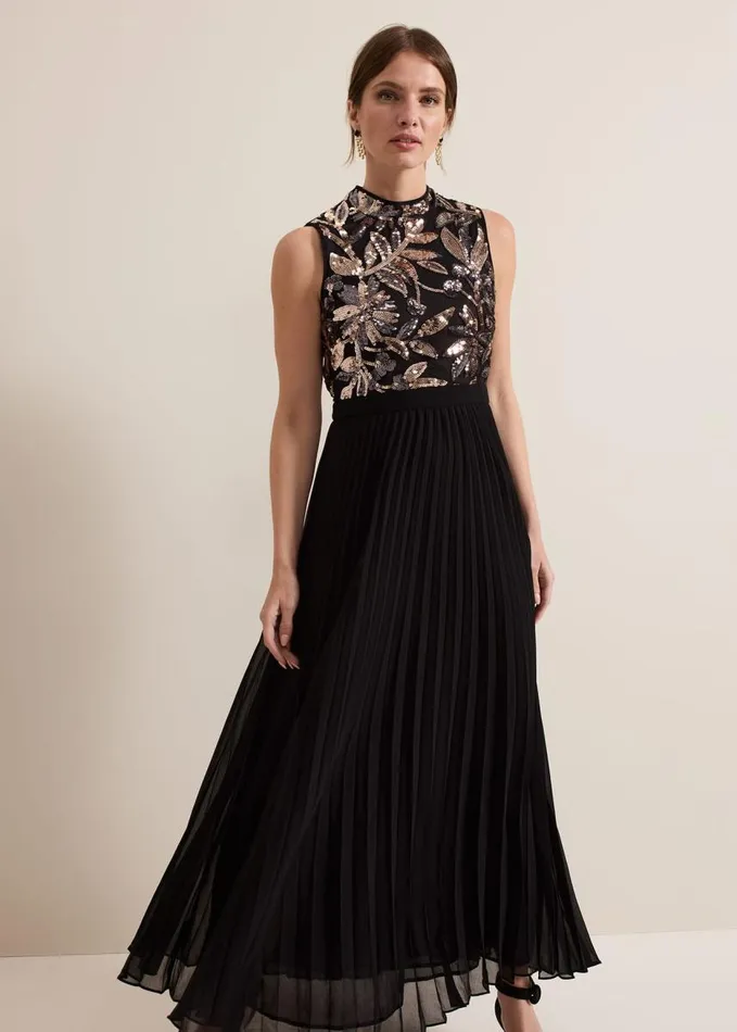 Phase Eight Petite Emalise Sequin Pleat Maxi Dress Black Multi Women Dresses