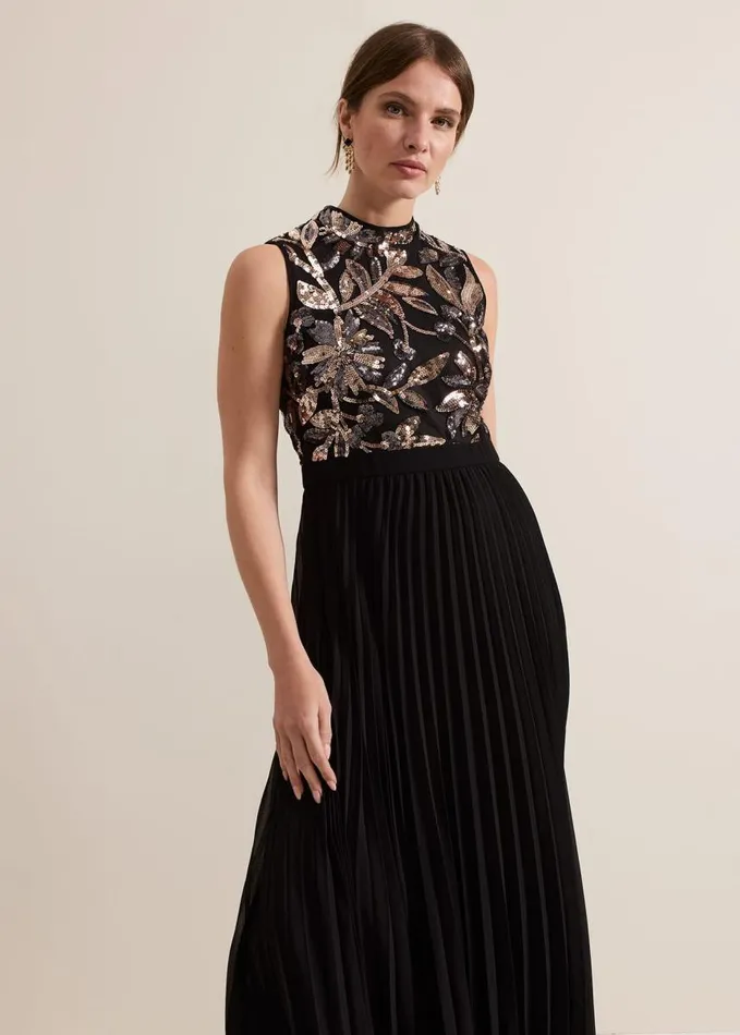 Phase Eight Petite Emalise Sequin Pleat Maxi Dress Black Multi Women Dresses
