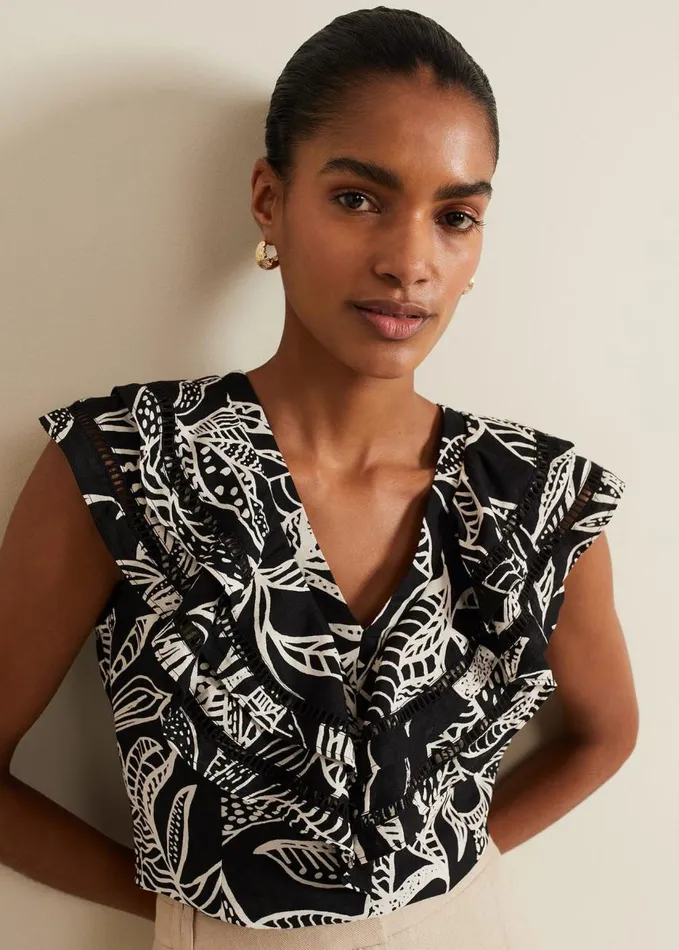 Phase Eight Rosey Linen Ruffle Top Black Women Shirts and Blouses