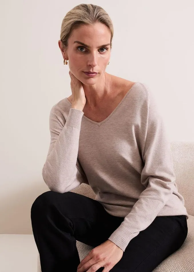 Phase Eight Senita Fine Knit VNeck Jumper Oatmeal Women Knitwear