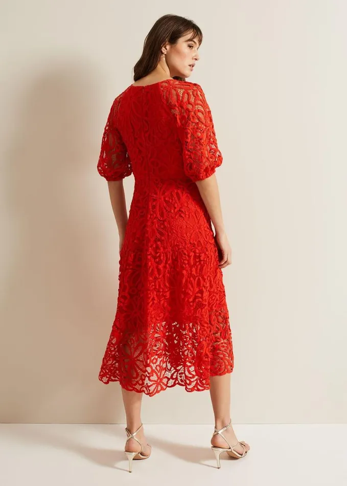 Phase Eight Senna Lace Midi Dress Vermillion Women Dresses