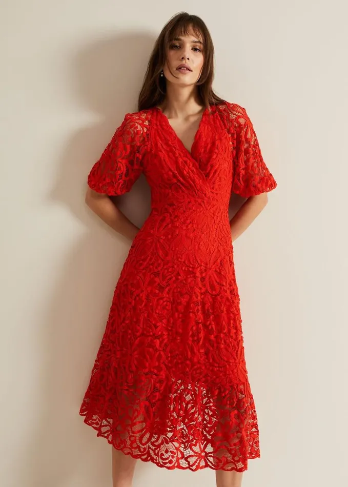 Phase Eight Senna Lace Midi Dress Vermillion Women Dresses