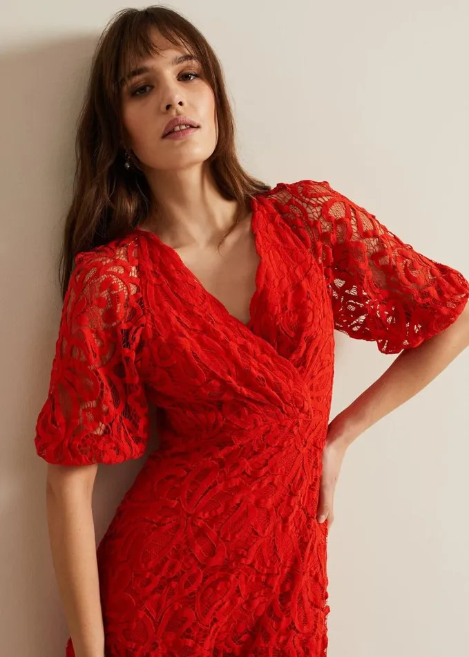 Phase Eight Senna Lace Midi Dress Vermillion Women Dresses