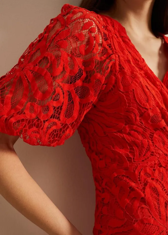 Phase Eight Senna Lace Midi Dress Vermillion Women Dresses