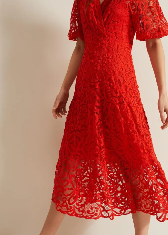 Phase Eight Senna Lace Midi Dress Vermillion Women Dresses