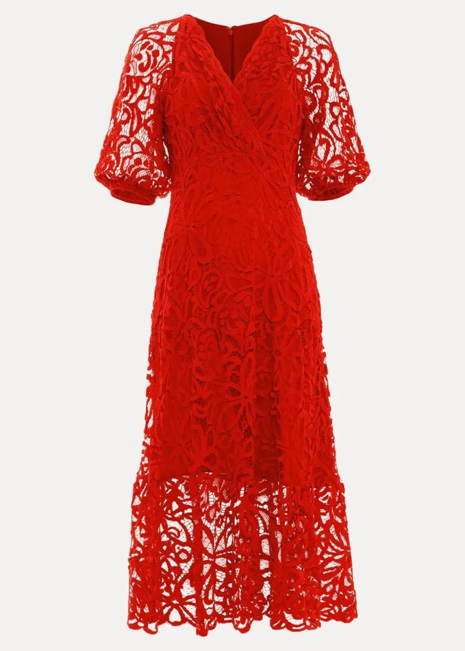 Phase Eight Senna Lace Midi Dress Vermillion Women Dresses