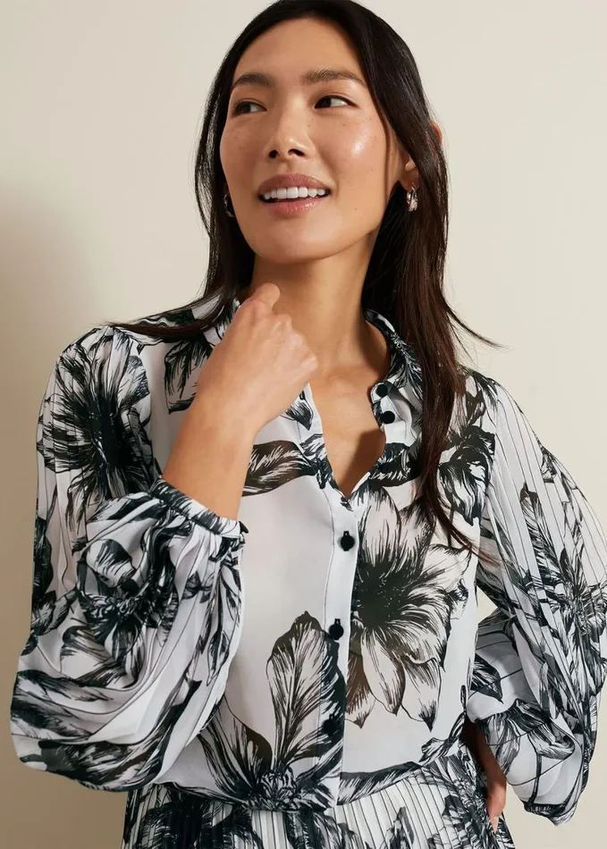 Phase Eight Sienna Floral Pleat Sleeve Blouse White Women Shirts and Blouses