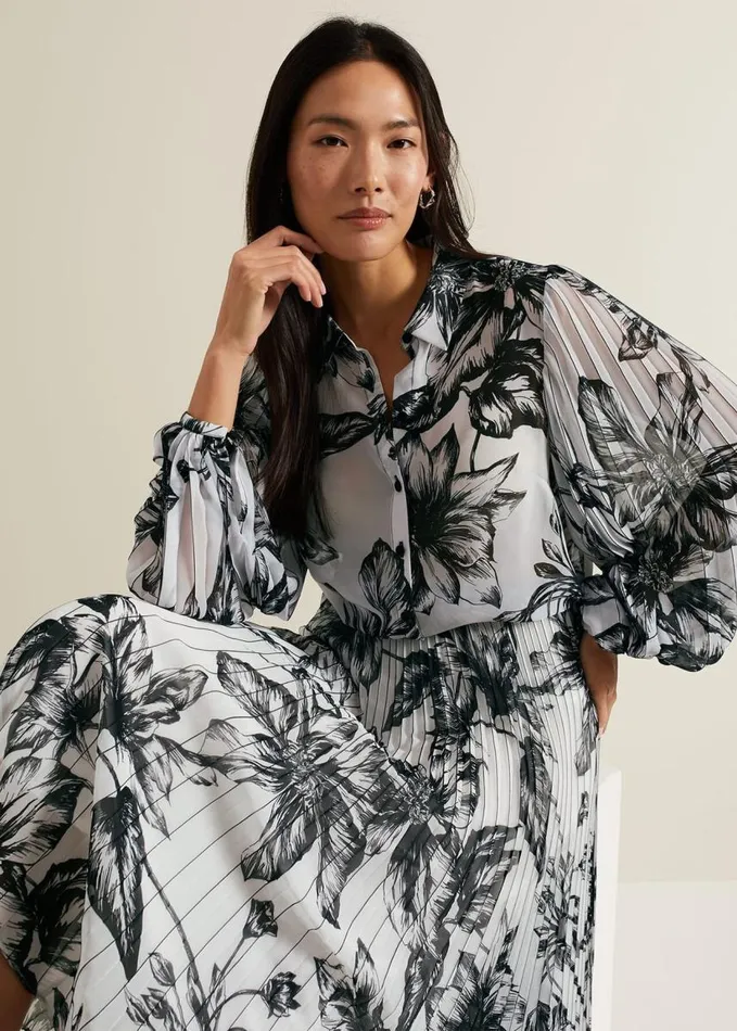 Phase Eight Sienna Floral Pleat Sleeve Blouse White Women Shirts and Blouses