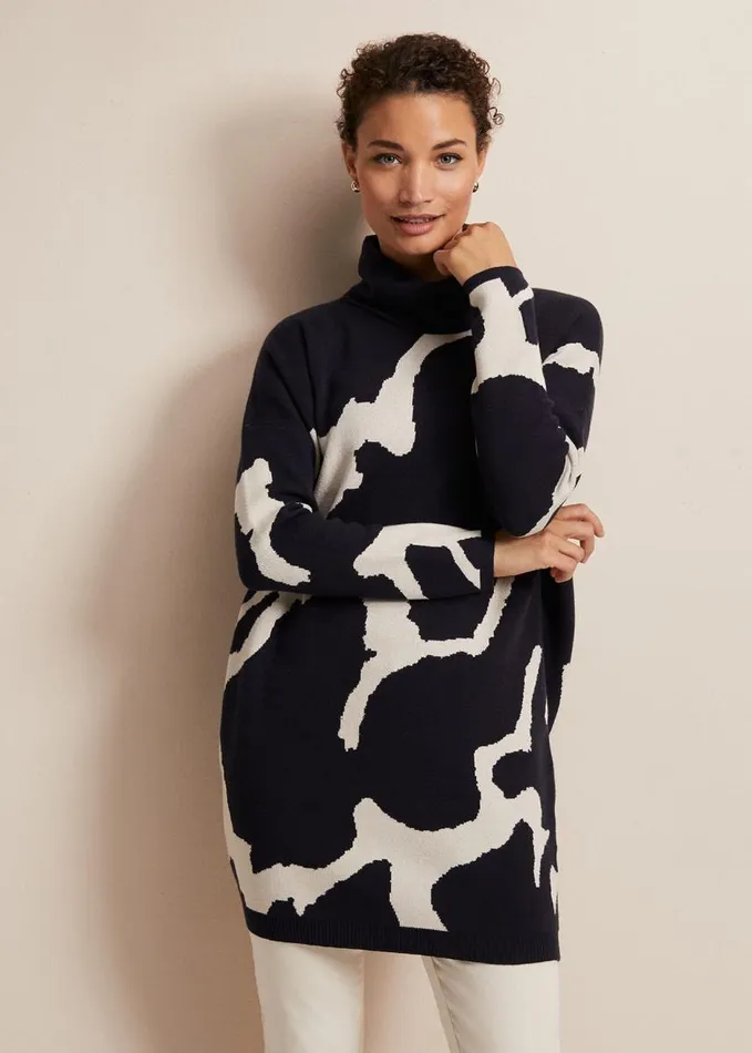 Phase Eight Stefani Animal Print Tunic Mini Dress Navy Women Dresses