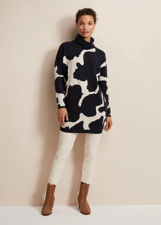 Phase Eight Stefani Animal Print Tunic Mini Dress Navy Women Dresses