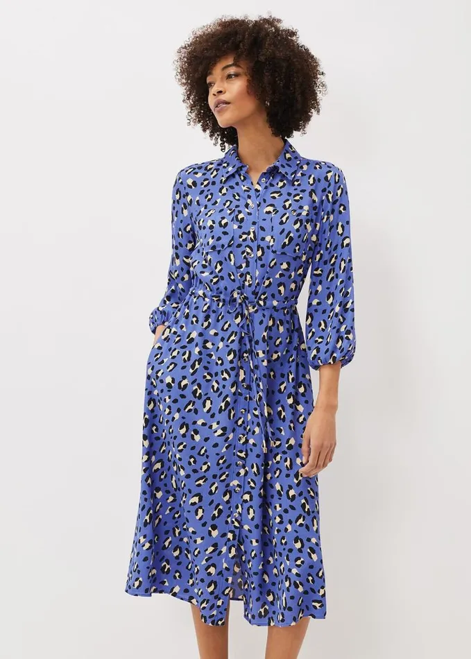 Phase Eight Tana Leopard Print Midi Shirt Dress Blue Women Dresses