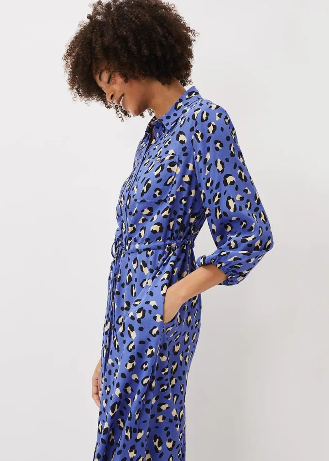 Phase Eight Tana Leopard Print Midi Shirt Dress Blue Women Dresses