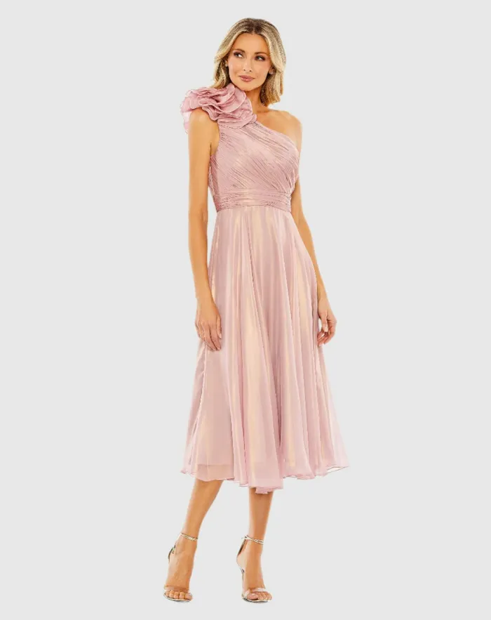 Pink Rosette One Shoulder Tea Length Dress Rose Women Best Sellers Mac Duggal