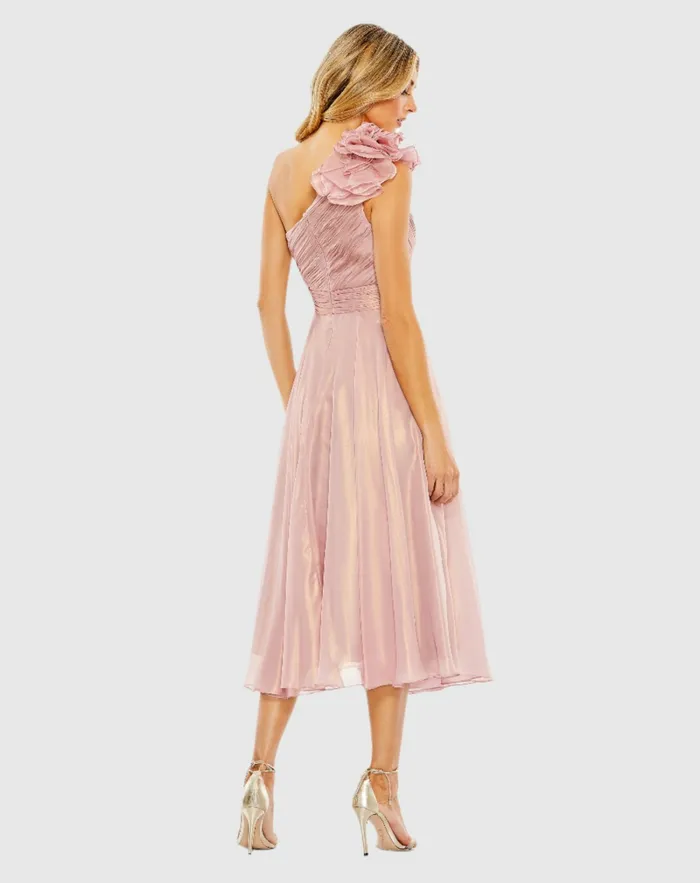 Pink Rosette One Shoulder Tea Length Dress Rose Women Best Sellers Mac Duggal