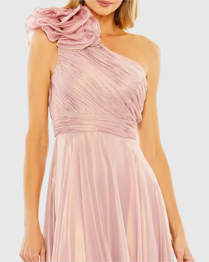 Pink Rosette One Shoulder Tea Length Dress Rose Women Best Sellers Mac Duggal