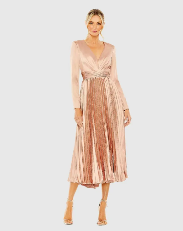 Pleated Long Sleeve VNeck Dress Rose Cocktail Dresses Mac Duggal Women