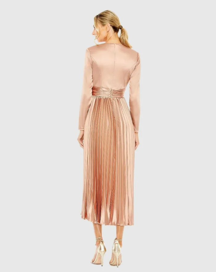 Pleated Long Sleeve VNeck Dress Rose Cocktail Dresses Mac Duggal Women