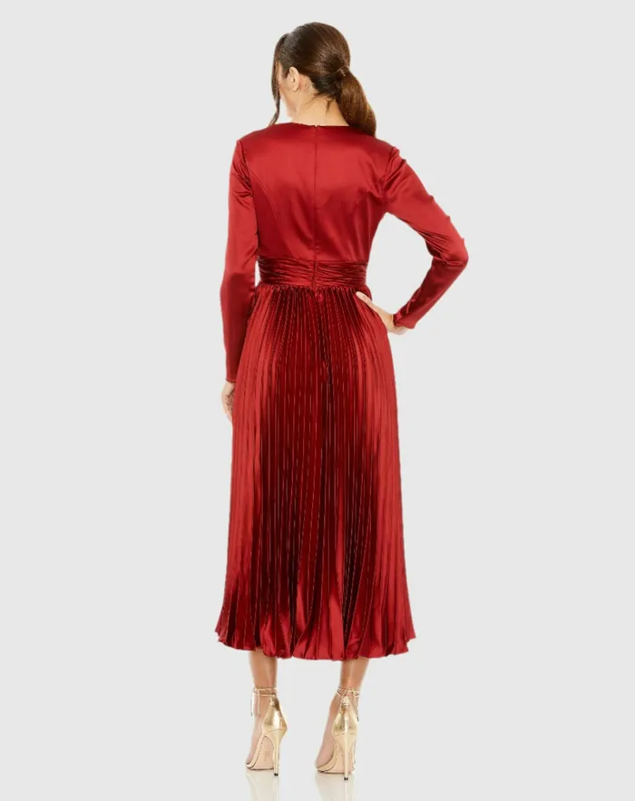 Pleated Long Sleeve VNeck Dress Rose Cocktail Dresses Mac Duggal Women