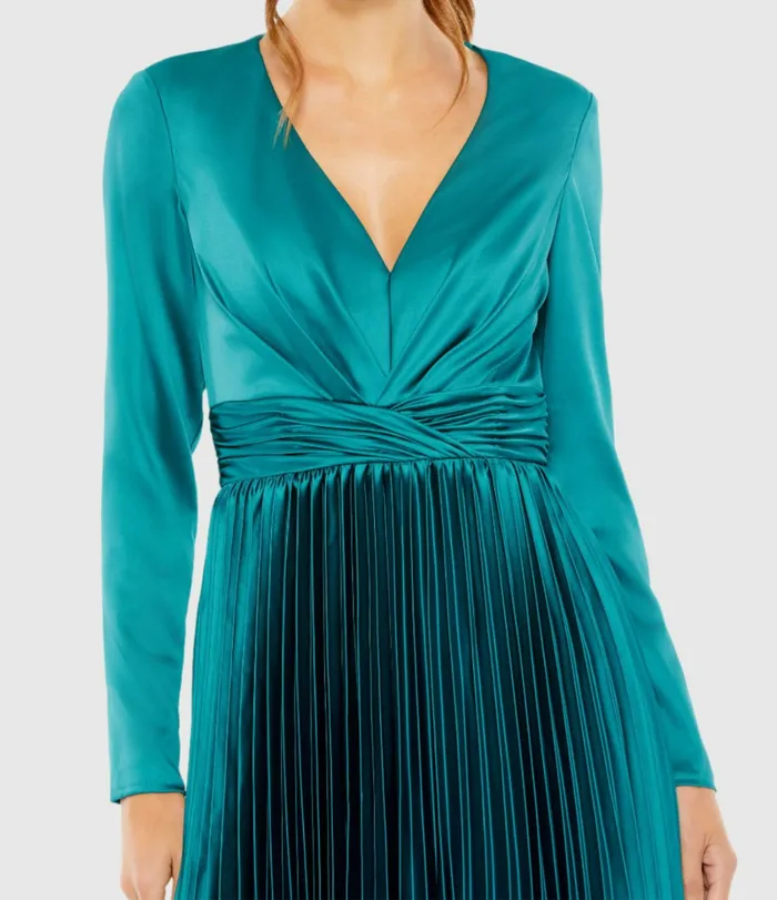 Pleated Long Sleeve VNeck Dress Rose Cocktail Dresses Mac Duggal Women