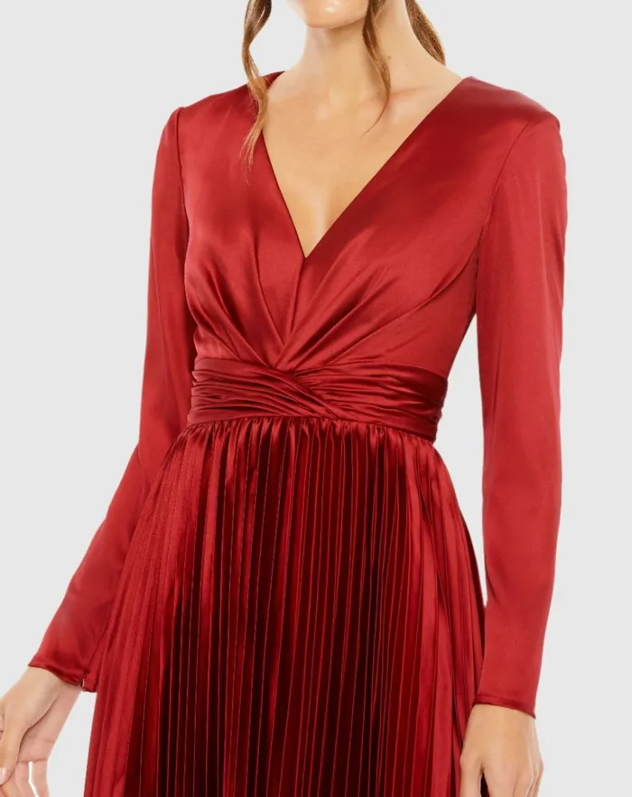 Pleated Long Sleeve VNeck Dress Rose Cocktail Dresses Mac Duggal Women