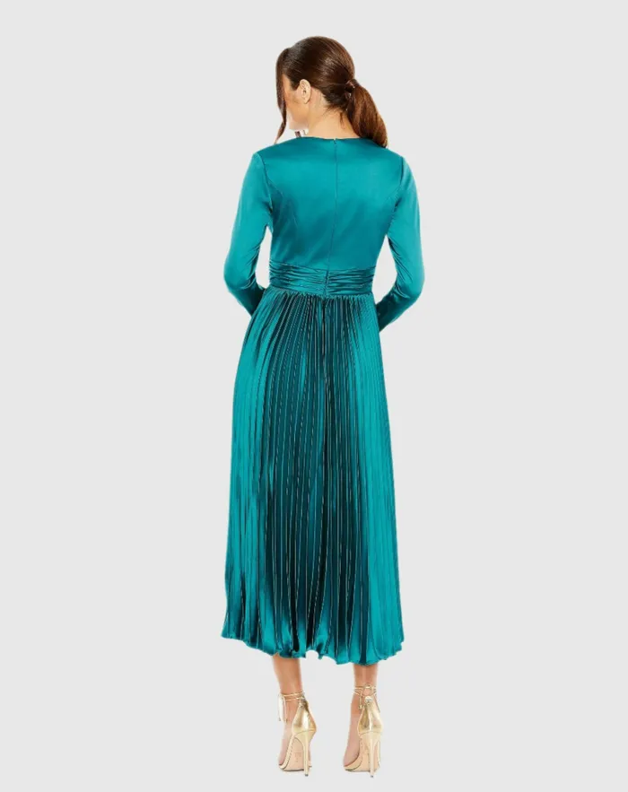 Pleated Long Sleeve VNeck Dress Rose Cocktail Dresses Mac Duggal Women