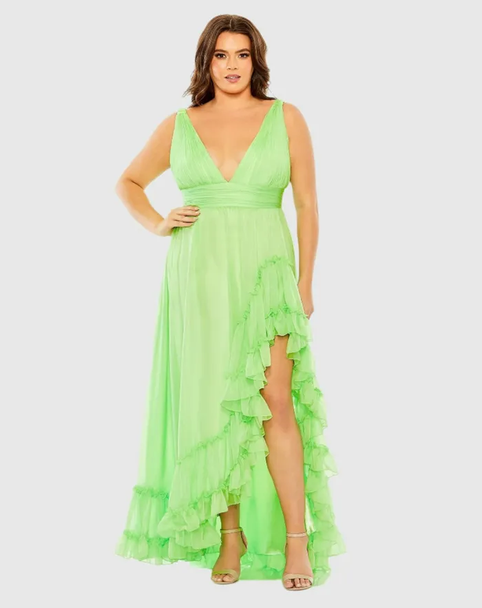 Plunge Neck Sleeveless Ruffle Tiered Front Slit Gown 8211 FINAL SALE Mojito Women Plus Size Dresses Mac Duggal Plunge Neck Sleeveless Ruffle Tiered Front Slit Gown 8211 FINAL SALE Mojito Women Plus Size Dresses Mac Duggal