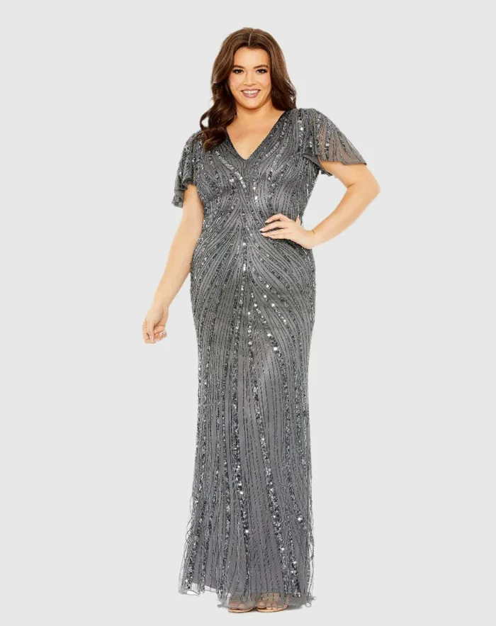 Plus Size Dresses Flutter Sleeve Embellished Dress Pewter Mac Duggal Women
