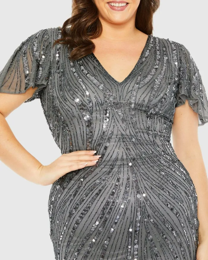 Plus Size Dresses Flutter Sleeve Embellished Dress Pewter Mac Duggal Women Plus Size Dresses Flutter Sleeve Embellished Dress Pewter Mac Duggal Women