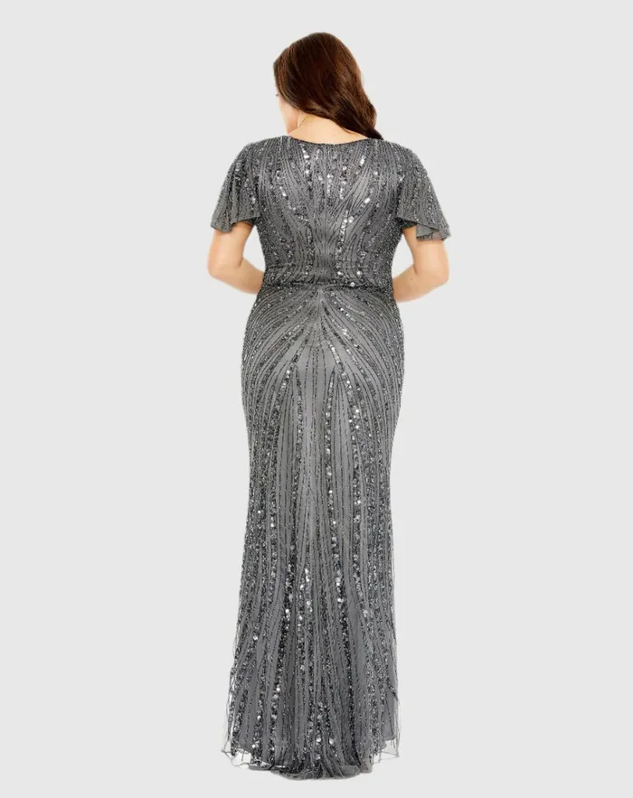 Plus Size Dresses Flutter Sleeve Embellished Dress Pewter Mac Duggal Women Plus Size Dresses Flutter Sleeve Embellished Dress Pewter Mac Duggal Women