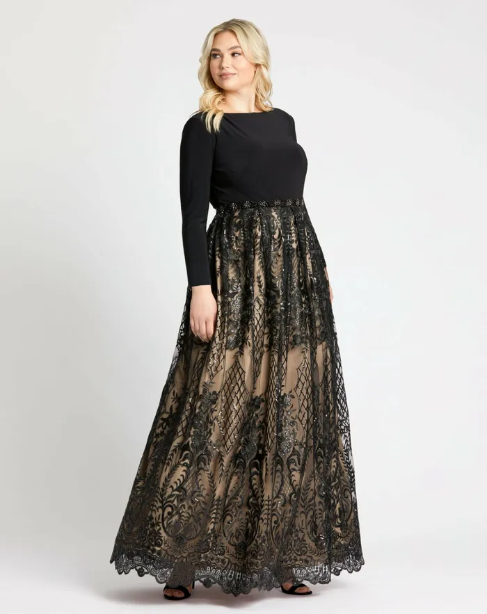 Plus Size Dresses Mac Duggal Women Long Sleeve High Neck Lace A Line Gown 8211 FINAL SALE Black Nude Plus Size Dresses Mac Duggal Women Long Sleeve High Neck Lace A Line Gown 8211 FINAL SALE Black Nude