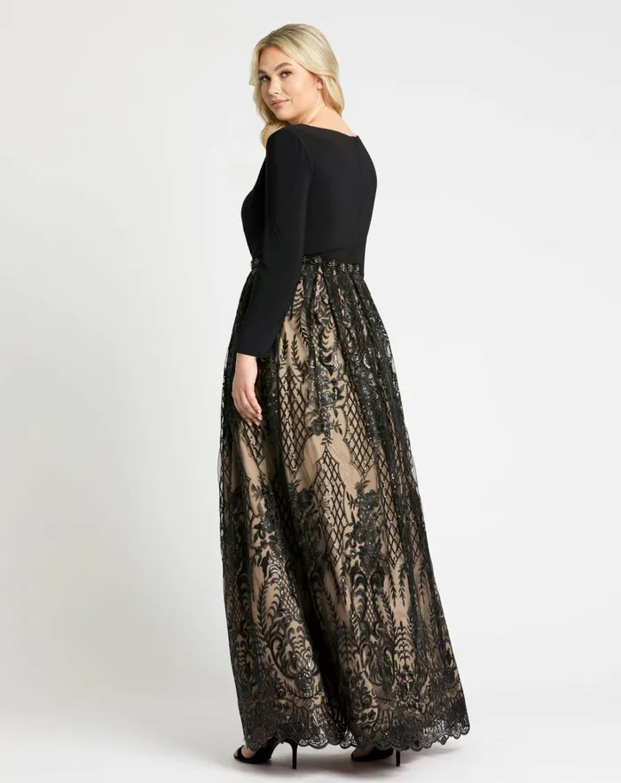 Plus Size Dresses Mac Duggal Women Long Sleeve High Neck Lace A Line Gown 8211 FINAL SALE Black Nude Plus Size Dresses Mac Duggal Women Long Sleeve High Neck Lace A Line Gown 8211 FINAL SALE Black Nude