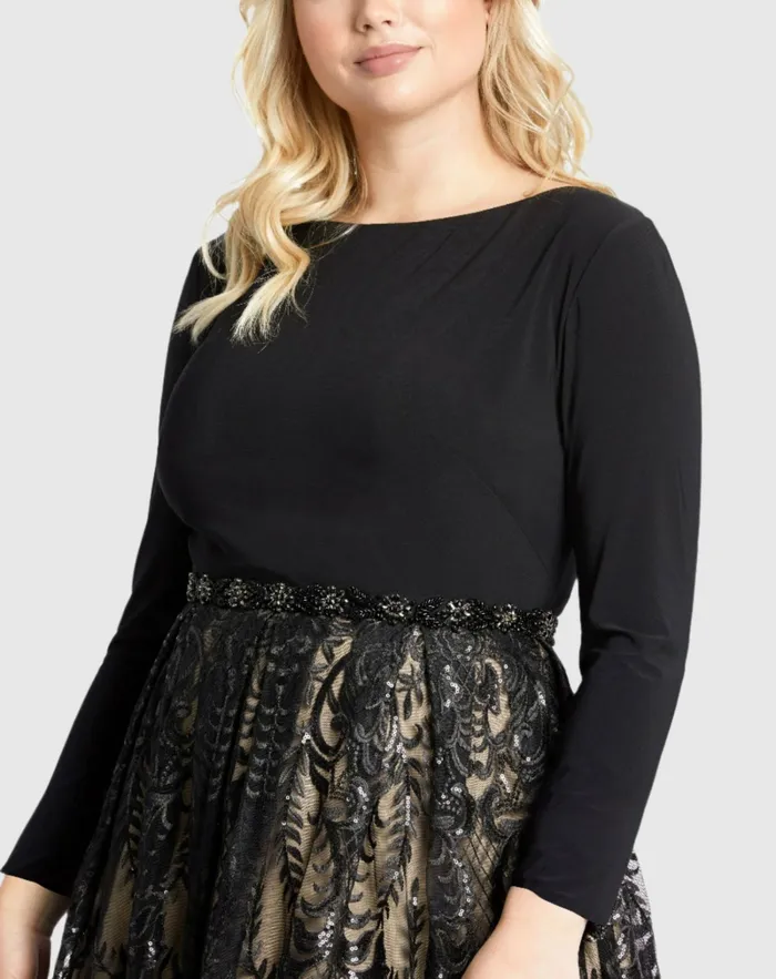Plus Size Dresses Mac Duggal Women Long Sleeve High Neck Lace A Line Gown 8211 FINAL SALE Black Nude Plus Size Dresses Mac Duggal Women Long Sleeve High Neck Lace A Line Gown 8211 FINAL SALE Black Nude