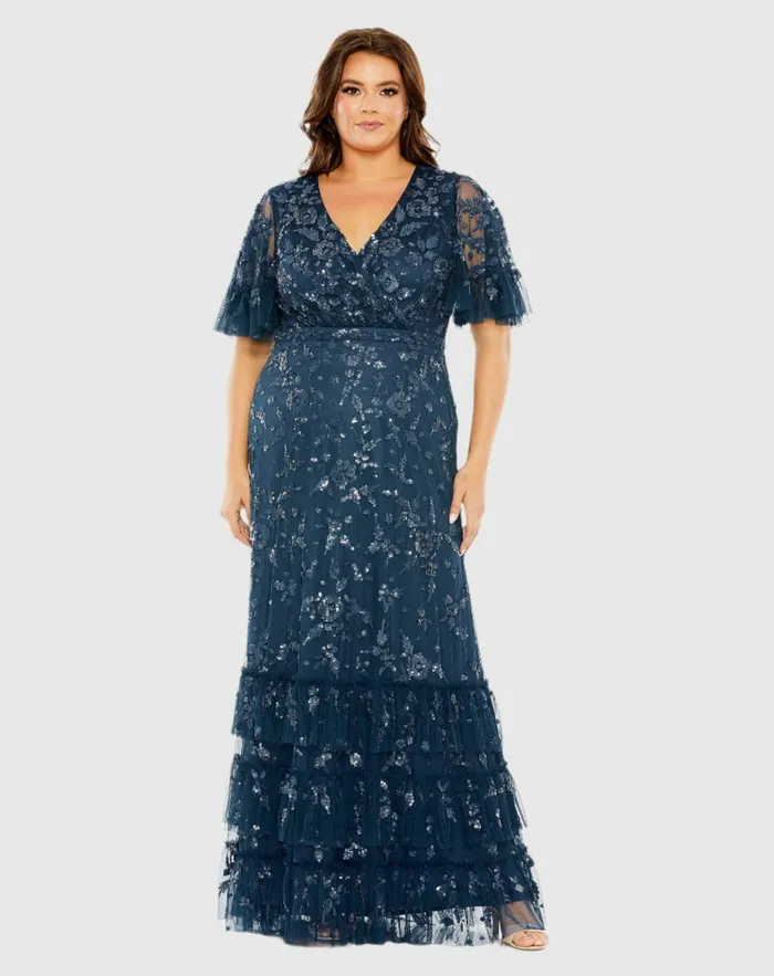Plus Size Dresses Mac Duggal Women Sequin Embellished Flutter Sleeve Faux Wrap VNeck Tiered Dress Twilight Plus Size Dresses Mac Duggal Women Sequin Embellished Flutter Sleeve Faux Wrap VNeck Tiered Dress Twilight