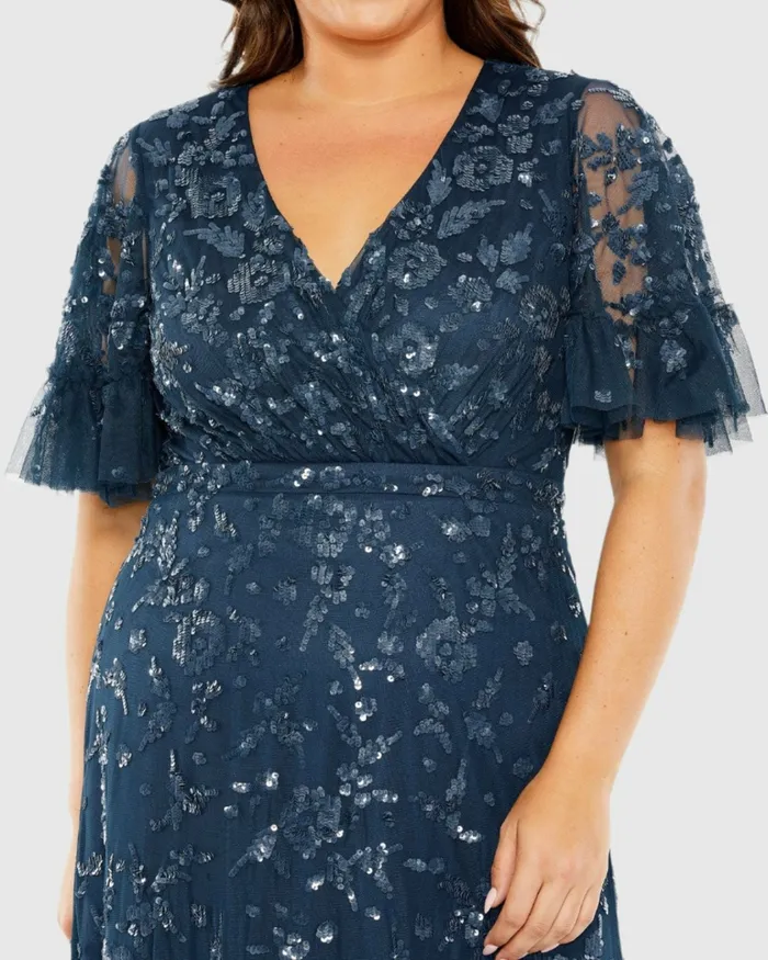 Plus Size Dresses Mac Duggal Women Sequin Embellished Flutter Sleeve Faux Wrap VNeck Tiered Dress Twilight