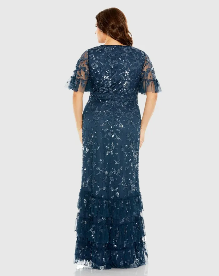 Plus Size Dresses Mac Duggal Women Sequin Embellished Flutter Sleeve Faux Wrap VNeck Tiered Dress Twilight